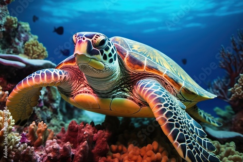 Endangered Sea Turtle Resting on Vibrant Coral Reef © ORG