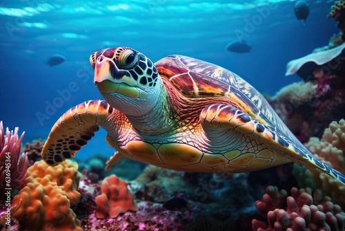 Endangered Sea Turtle Resting on Vibrant Coral Reef