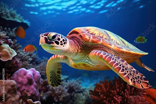 Endangered Sea Turtle Resting on Vibrant Coral Reef © ORG