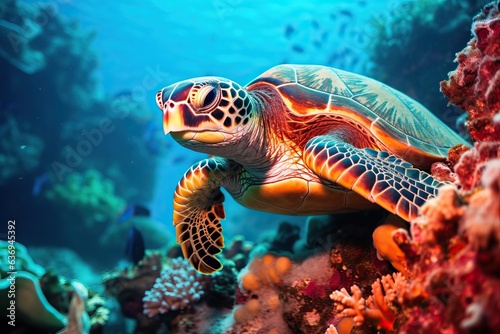 Endangered Sea Turtle Resting on Vibrant Coral Reef © ORG