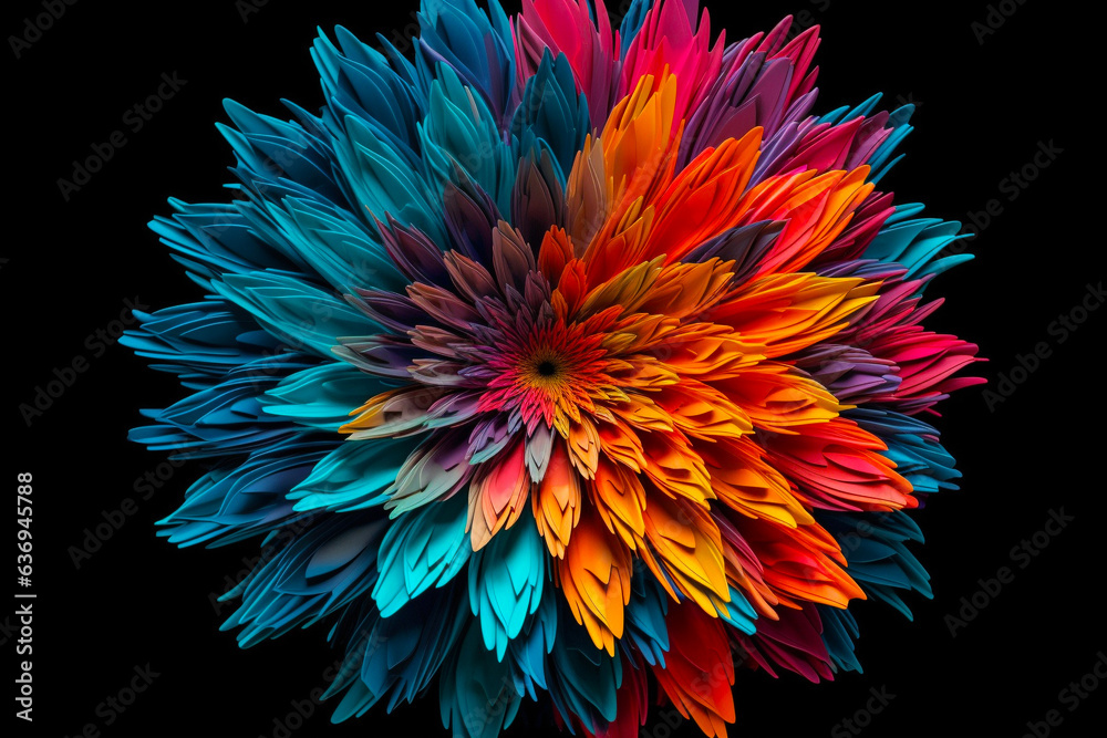 Psychedelic colorful abstract dahlia flower on black background
