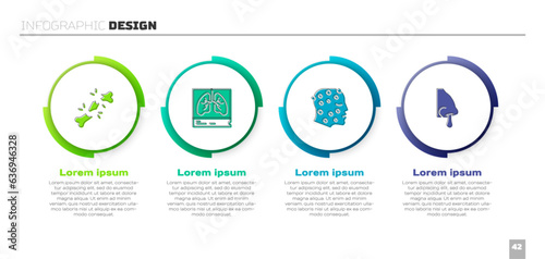 Set Human broken bone, Lungs x-ray, Psoriasis or eczema rash and Runny nose. Business infographic template. Vector