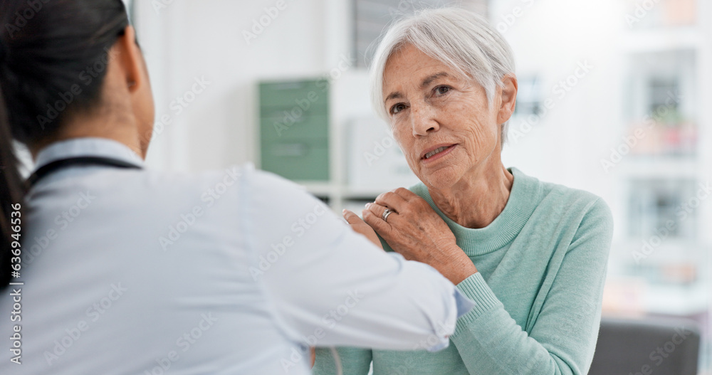Obraz premium Physiotherapist, senior woman and check shoulder for rehabilitation help, recovery support or joint injury. Chiropractor consultation talk, elderly patient or physiotherapy doctor for medical service