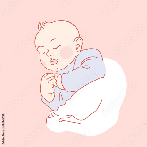 Cute newborn, boy or girl is sleeping. Soft pillow. before bedtime. Sleep expert emblem. Calm healthy childrens sleep. Sleep training. Sketch style illustration