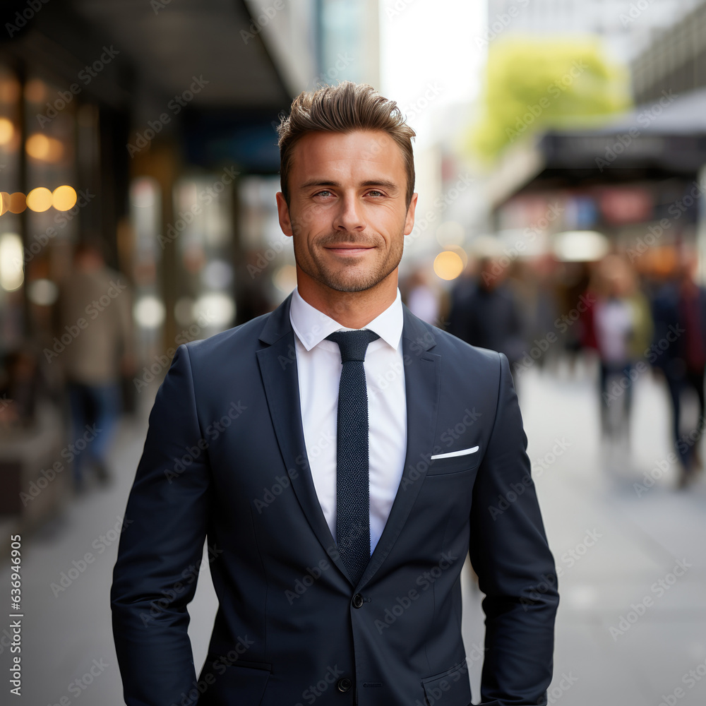Portrait of a handsome businessman walking in the city, looking at camera. created by generative AI technology. Portrait of a handsome businessman walking in the city, looking at camera. created by generative AI technology.