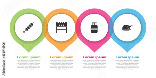 Set Grilled shish kebab, BBQ brazier, Propane gas tank and Roasted turkey or chicken. Business infographic template. Vector