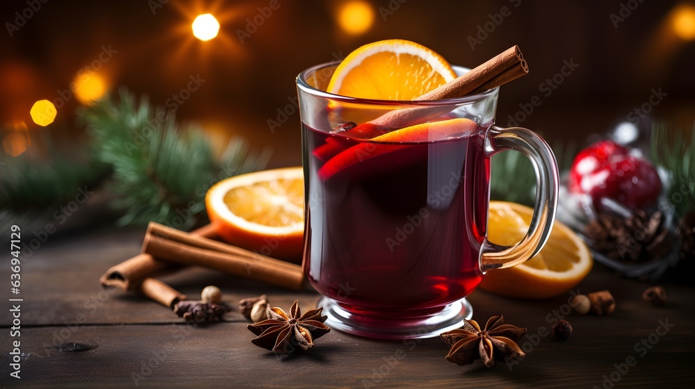 Christmas mulled red wine with spices and fruits on a wooden rustic table. Traditional hot drink at Christmas time Christmas mulled red wine with spices and fruits on a wooden rustic table. Traditional hot drink at Christmas time