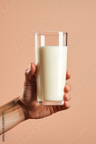 Hand holding a glass of fresh milk