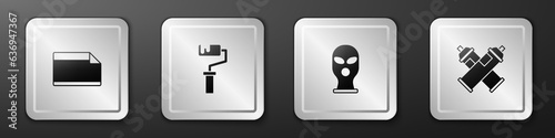 Set Paper adhesive sticker, Paint roller brush, Balaclava and spray can icon. Silver square button. Vector
