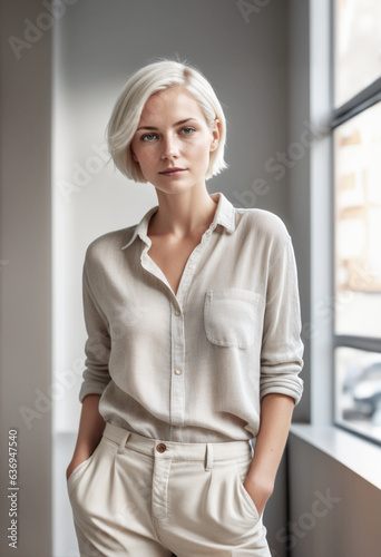 immagine primo piano di giovane affascinante donna in abbigliamento casual, sfondo ambiente ufficio, home office, moderno e luminoso photo
