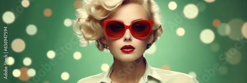 Portrait of beautiful blond woman wearing fashion eyeglasses on green background.