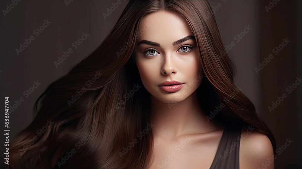 A Beautiful brunette girl in move with a perfectly smooth hair, and classic make-up. Beauty face. Generative Ai A Beautiful brunette girl in move with a perfectly smooth hair, and classic make-up. Beauty face. Generative Ai