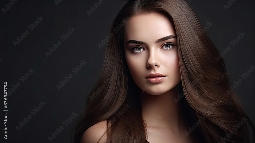 A Beautiful brunette girl in move with a perfectly smooth hair, and classic make-up. Beauty face. Generative Ai