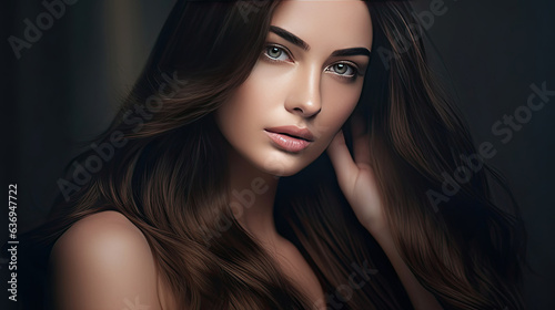 A Beautiful brunette girl in move with a perfectly smooth hair, and classic make-up. Beauty face. Generative Ai