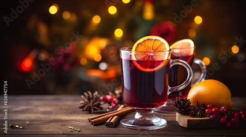 Christmas mulled red wine with spices and fruits on a wooden rustic table. Traditional hot drink at Christmas time