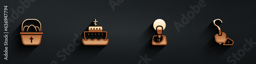 Set Basket with easter eggs, Ark of noah, Jesus Christ and Magic staff icon with long shadow. Vector