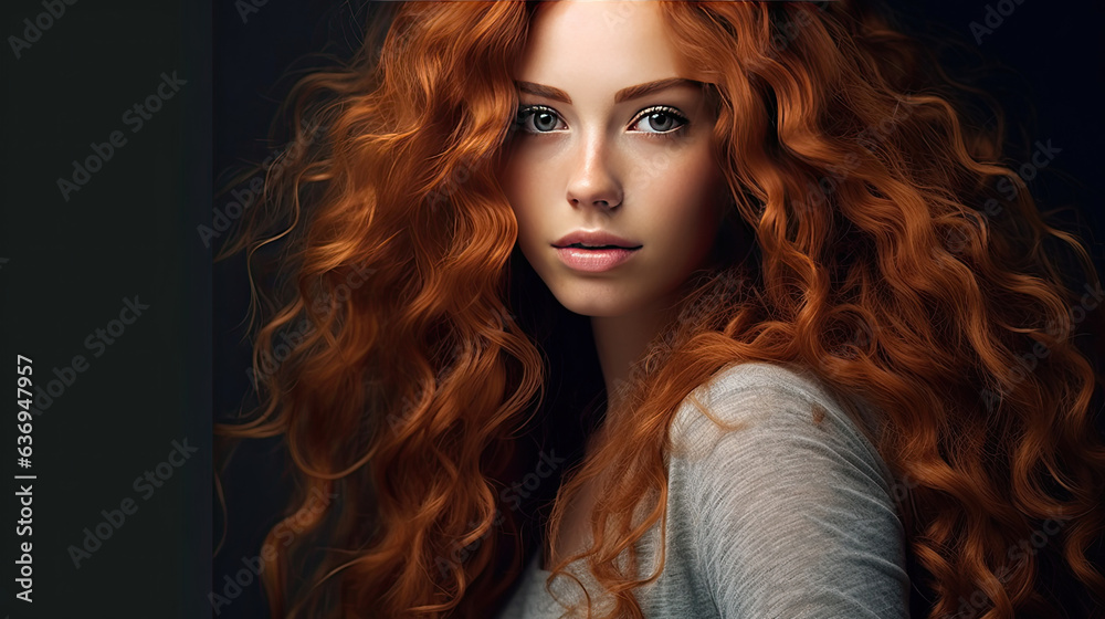 A Beautiful model girl with long red curly hair. Red head. Generative Ai