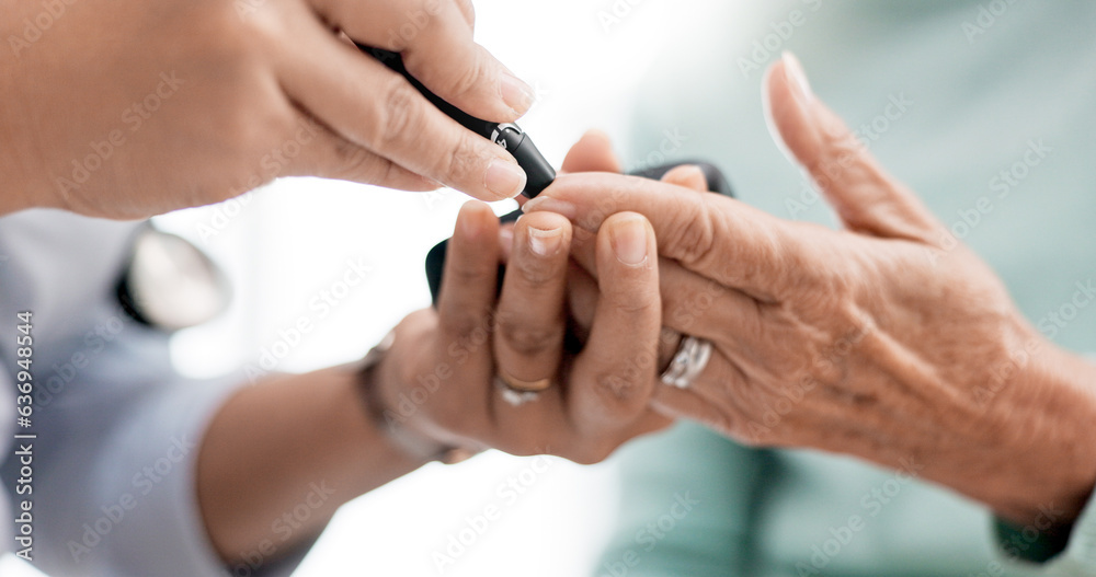 Hands, diabetes and a doctor with a patient and tools for a healthcare check with a finger prick. Closeup, service and a nurse with a person and machine for sugar or glucose exam from a blood sample Hands, diabetes and a doctor with a patient and tools for a healthcare check with a finger prick. Closeup, service and a nurse with a person and machine for sugar or glucose exam from a blood sample