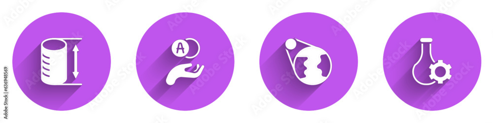 Set Height geometrical figure, Atom, Earth globe and Test tube icon with long shadow. Vector Set Height geometrical figure, Atom, Earth globe and Test tube icon with long shadow. Vector