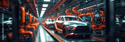 Futuristic electric cars production line, Automated robotics, Industry manufacture concept. © visoot