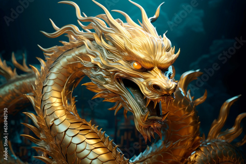 Fantasy golden style dragon. Symbol of the next 2024 year. Close-up