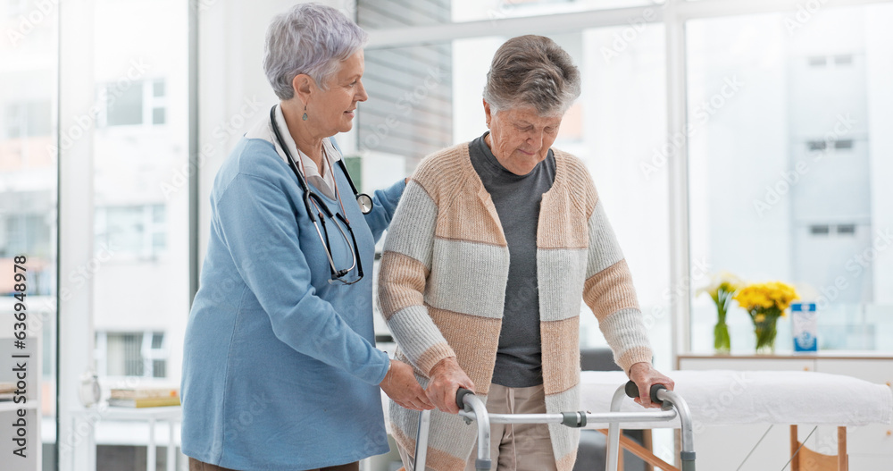 Fototapeta premium Rehabilitation, walker or doctor nursing old woman in retirement or hospital for wellness or support. Learning, caregiver helping or elderly patient with walking frame in physical therapy recovery