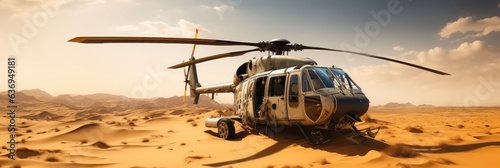 Crashed military helicopter in the middle of the desert for warfare aftermath or mission failure.