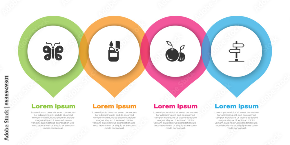 Set Butterfly, Lighter, Fruit and Road traffic sign. Business infographic template. Vector Set Butterfly, Lighter, Fruit and Road traffic sign. Business infographic template. Vector
