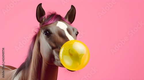 portrait of horse head blowing bubble gum on pink background
