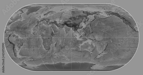 World map. Grayscale. Eckert III projection. Meridian: 90 east photo