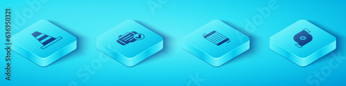 Set Isometric Traffic cone, Check engine, Automotive turbocharger and Car radiator cooling system icon. Vector