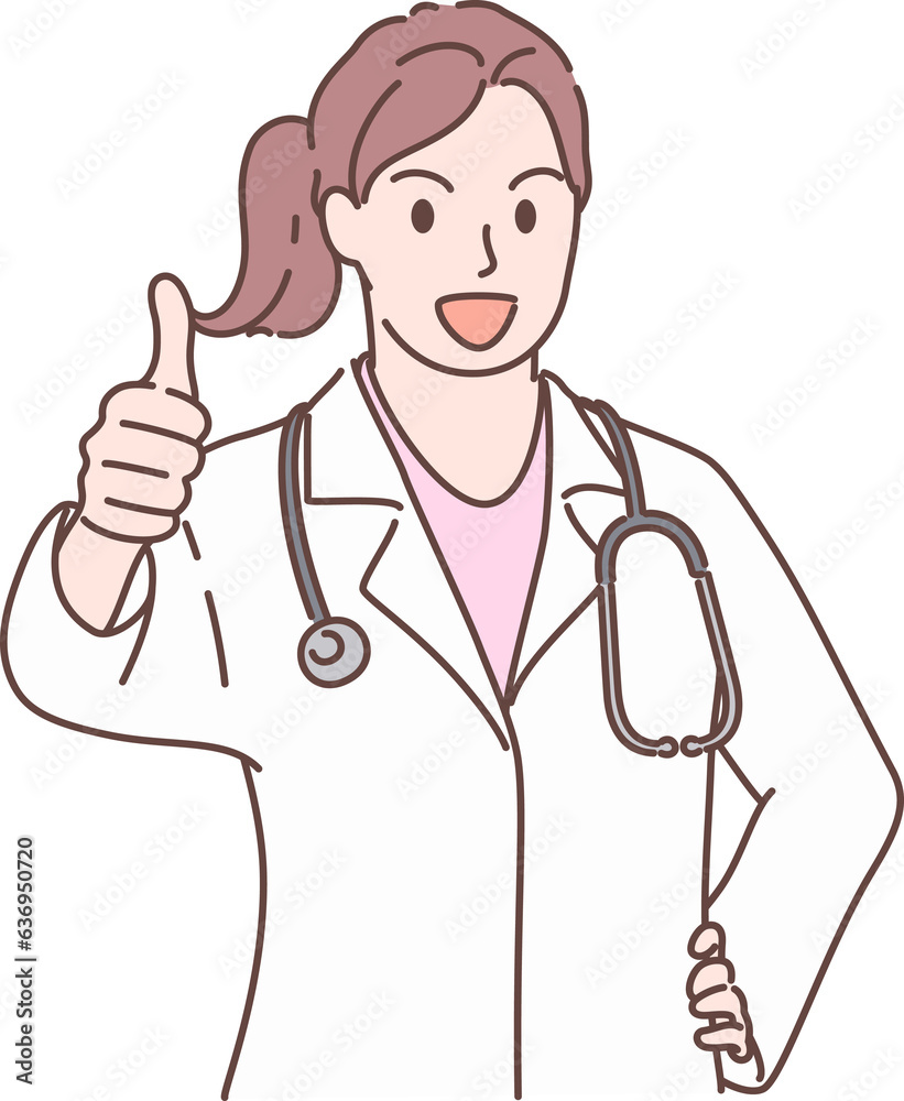 Professional young female doctor character with thumbs up hand, showing a successful operation for decoration. Hand drawn style Professional young female doctor character with thumbs up hand, showing a successful operation for decoration. Hand drawn style