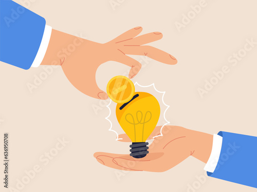 Crowd funding concept. New business or start up company to get money or venture capital to support or sponsor business, businessman hand giving money dollar coin to new business idea light bulb.