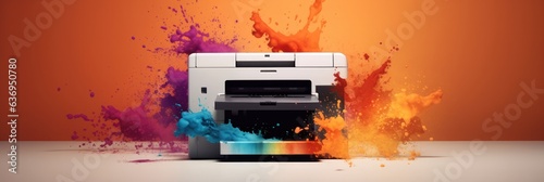 Printer with color splashes for high quality printing services, Office or professional photocopier. photo