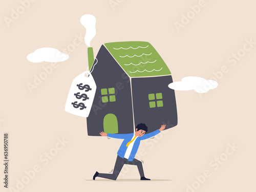 House mortgage concept. Overpay in real estate, too much invest or expense to pay for debt and loan in economic crisis, tried depressed office worker man carrying house with expensive price tag.