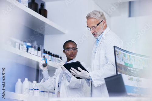 Science  black woman and man with tablet in laboratory for inventory list of chemicals for biotech research. Scientist team in lab with digital checklist for stock of pharmaceutical product in study.