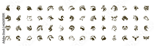 Set of animal head profile icons. Collection of simple flat wildlife logos
