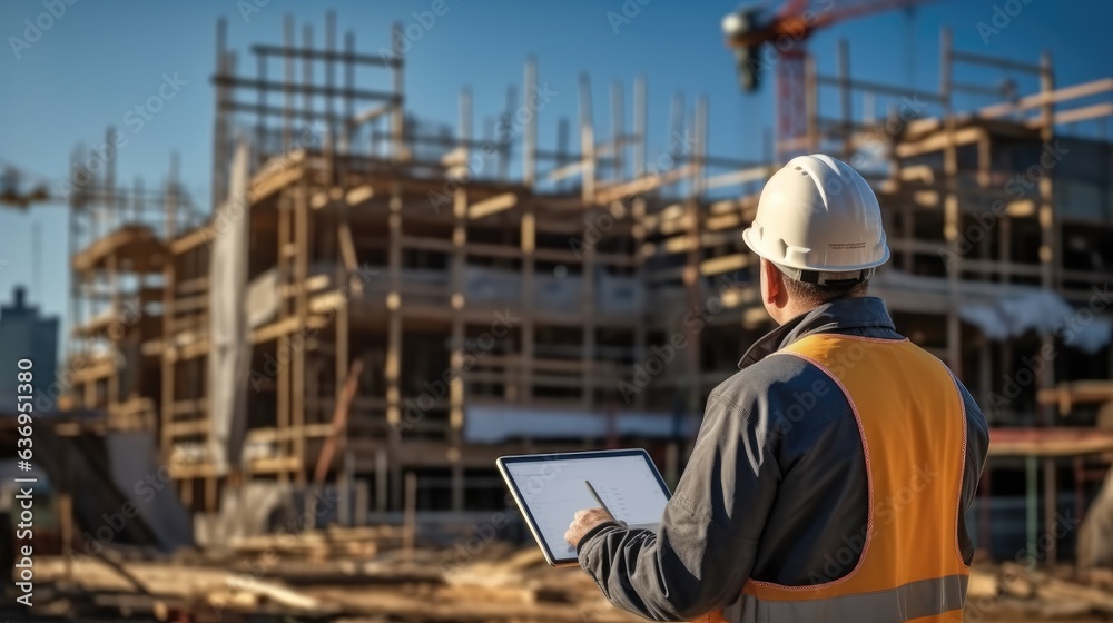 Engineer in a protective helmet stands against the background of a construction site. Engineer in a protective helmet stands against the background of a construction site.