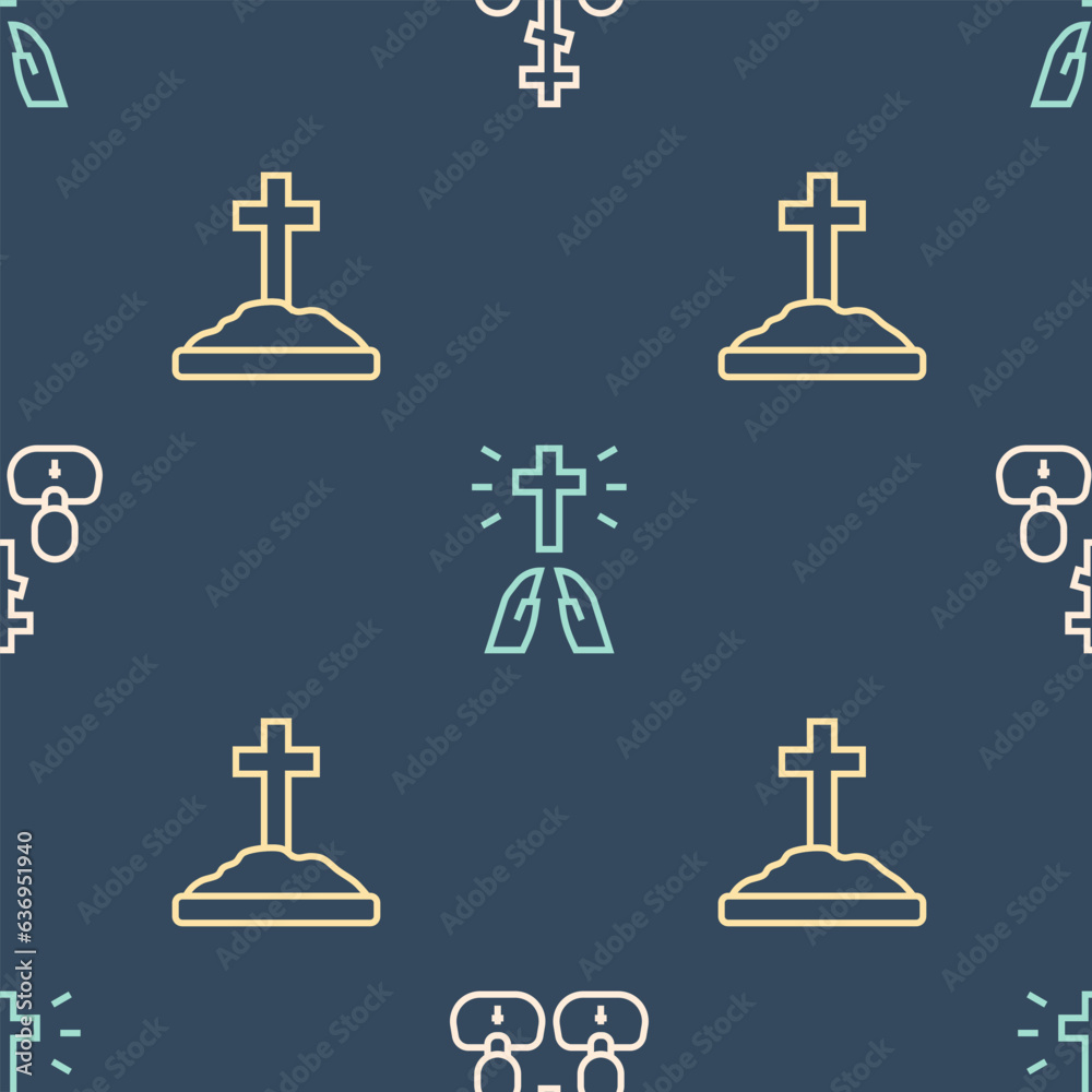 Set line Priest, Grave with cross and Hands in praying position on seamless pattern. Vector Set line Priest, Grave with cross and Hands in praying position on seamless pattern. Vector