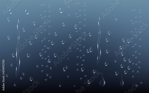 Rain transparent drops flow down the glass.Realistic wet condensation texture.Fresh water splash effect on the surface.Liquid spreading droplet shapes.
