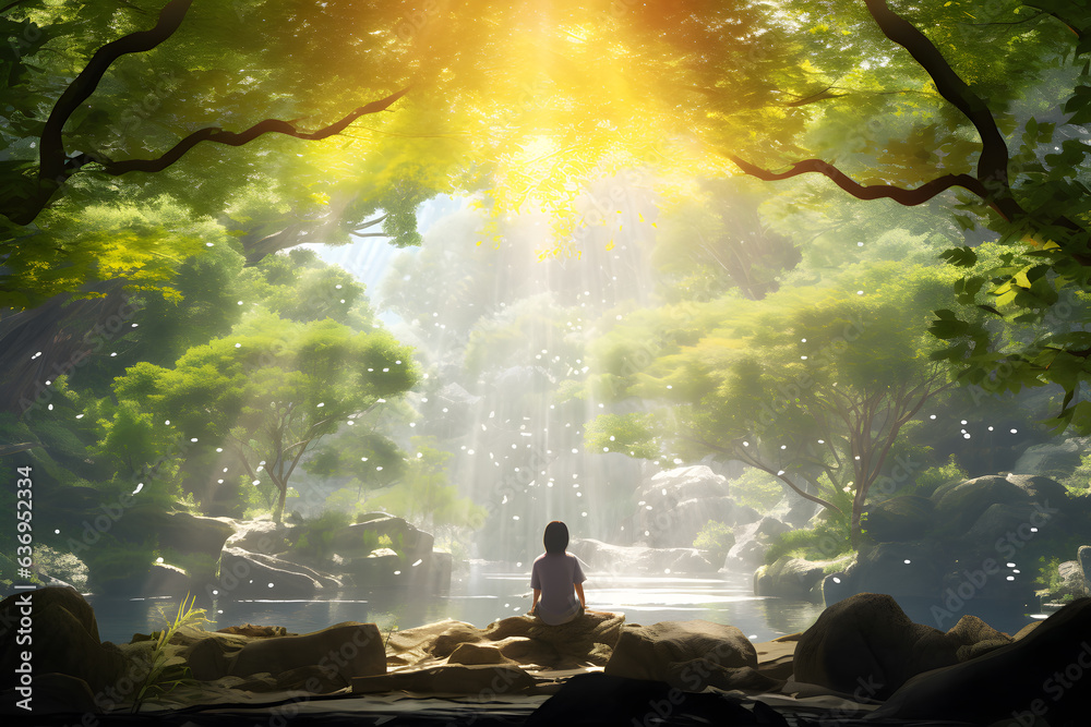 girl standing in peaceful forest scene with rays of sunlight