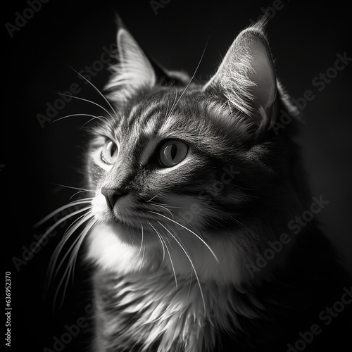 A cute and adorable cat, black and white photo, black background