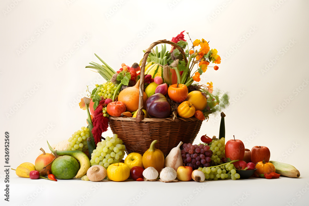 A photo of a cornucopia filled with seasonal fruits and vegetables