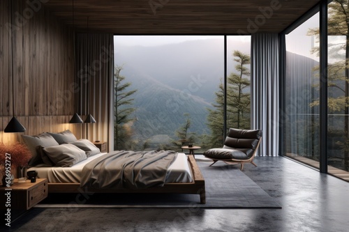 luxury spacious minimal interior of a hotel room with forest mountains view