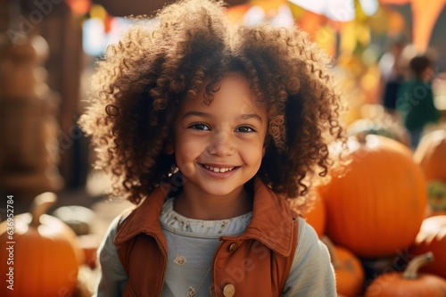 portrait of a black girl with brown curly hair smiling at pumpkin patch on sunny day. Autumn Halloween and thanksgiving kids photoshoot.