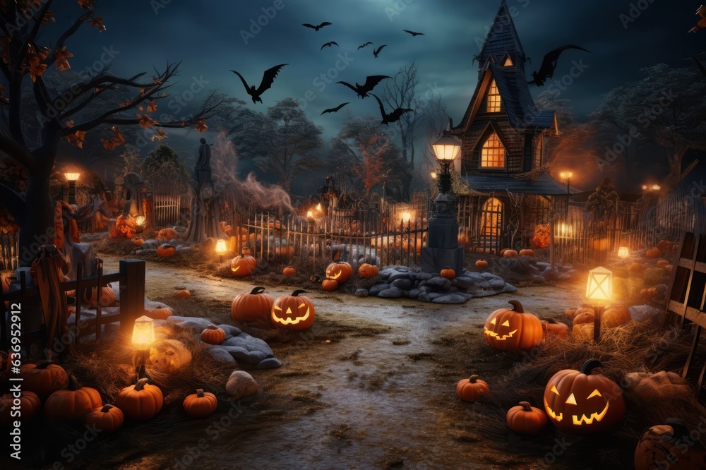haunted house decorated with jack-o-lantern pumpkins and bats flying Halloween illustration