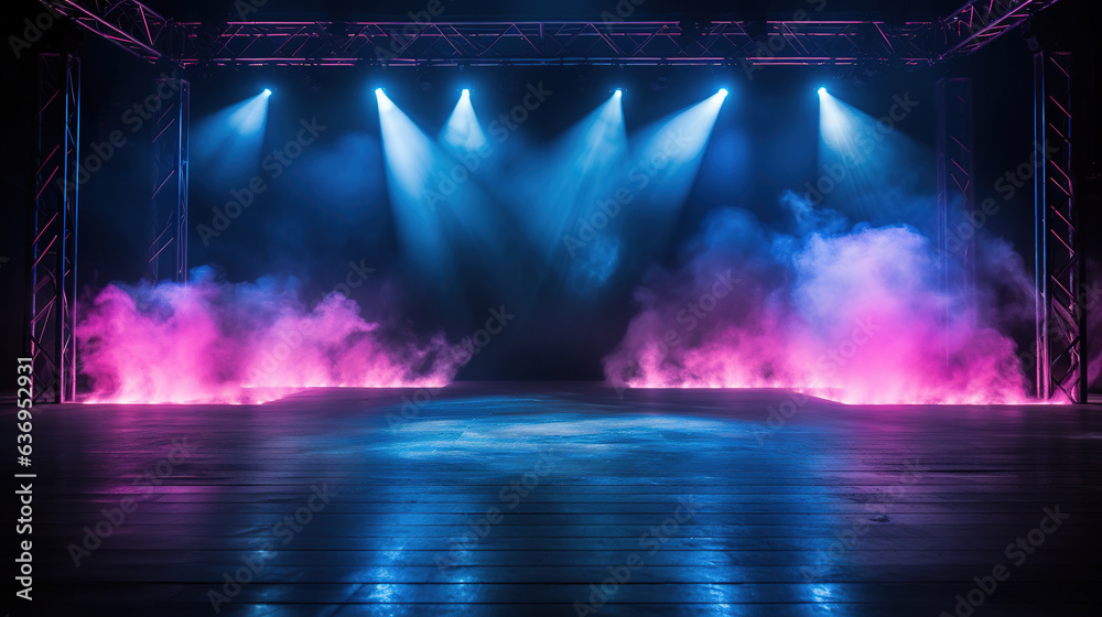 Concert stage with smoke and lights. Generative Ai