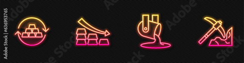 Set line Molten gold being poured, Gold exchange money, Falling arrow with bars and mining. Glowing neon icon. Vector