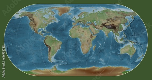 World map. Colored elevation. Eckert III projection. Meridian: 0 photo