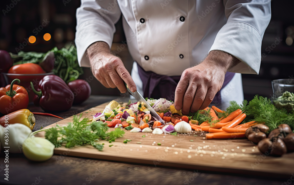 Chef preparing food by cutting vegetables on cutting board in the restaurant kitchen, close up view of hands of cook, generative ai